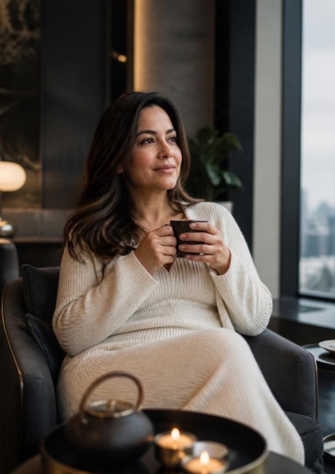 Mujer con suéter claro, sentada junto a un ventanal con una taza